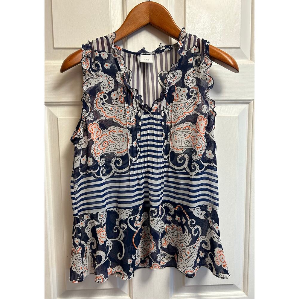 Cabi Peplum Blouse #5349 Tank Shear Paisley Stripes White Blue, Size S,  EUC